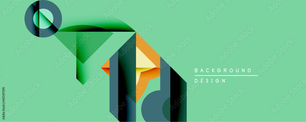 Poster Abstract geometric design features layered shapes, gradients. Green dominates background, complemented by orange, gray, dark blue elements. Modern aesthetic, clean lines, dynamic composition.