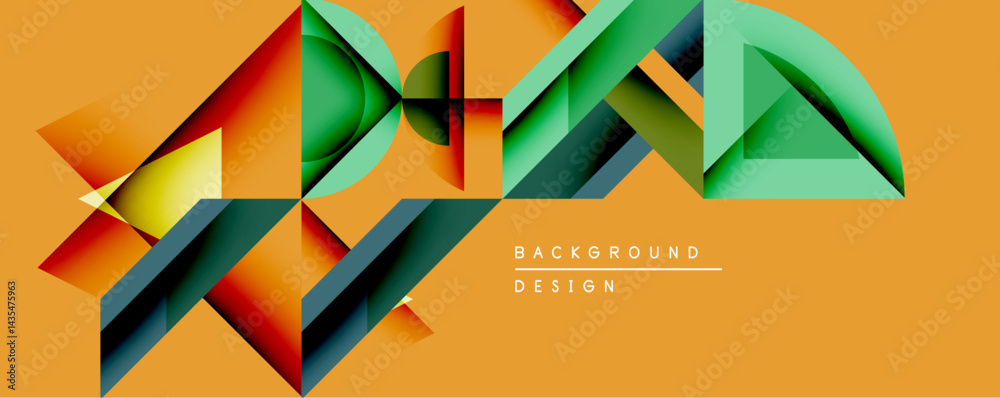 Aufkleber Abstract geometric composition. Overlapping shapes create dynamic visual effect. Warm orange background complements vibrant green, red, blue elements. Modern design.