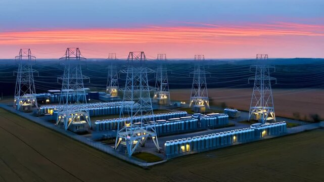 Electric power substation with high-voltage pylons and battery storage units at sunset in rural landscape

