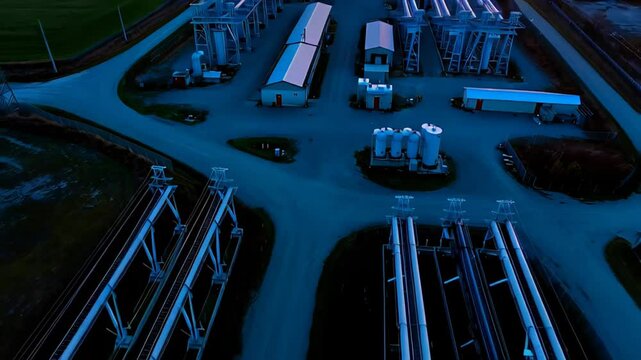 Industrial energy facility with silos, transformers and power infrastructure in rural area at sunset


