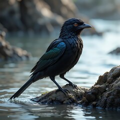 Obraz premium Dark-plumaged Bird by Water: A Serene Wildlife Study