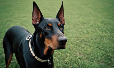 A black and brown dog standing on top of a lush green field, great for outdoor or nature-themed projects