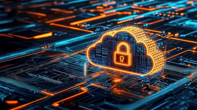 Abstract cloud with a glowing padlock icon, symbolizing governance risk, compliance, and cloud security in data protection and risk management