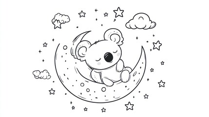 Cute koala sleeping on crescent moon with stars and clouds, kids coloring page, printable art