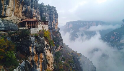 A stunning cliffside monastery built into the rock face, overlooking a vast canyon with mist rising from the valley below.