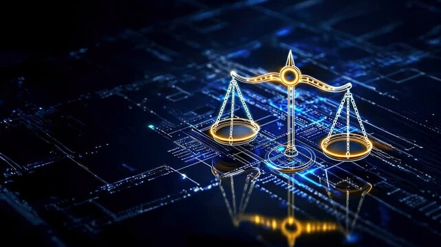 Scales of justice symbol on an abstract background with glowing lines, representing governance risk, compliance, and legal balance in risk management