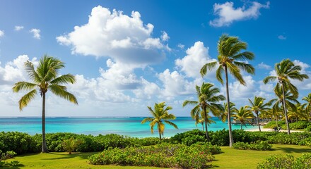 Fototapeta premium Palm Trees Overlooking Turquoise Ocean Water Under Cloudy Sky