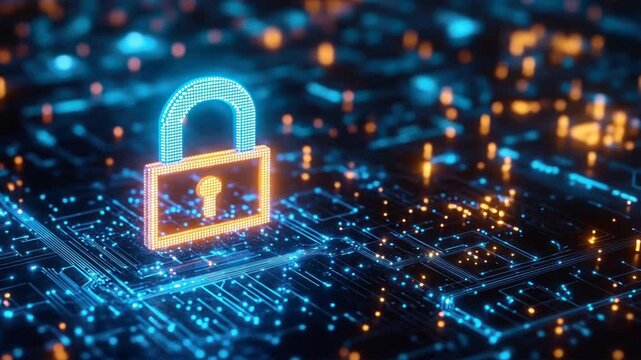 An illuminated padlock icon floating above intricate circuitry, symbolizing governance risk, compliance, and cybersecurity protection in risk management