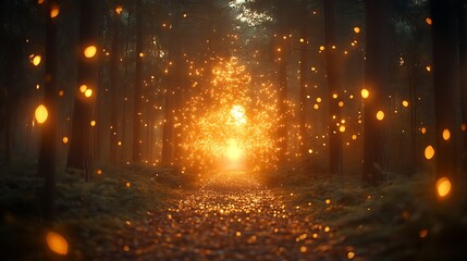 Enchanting forest path glowing with magical lights