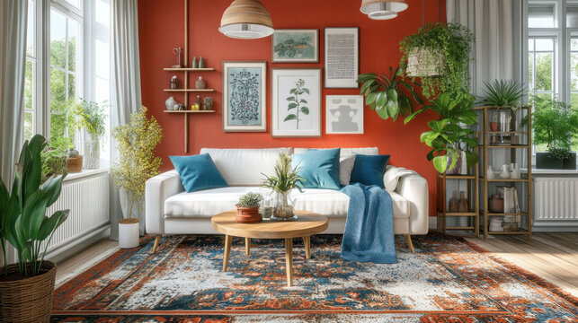 Modern Living Room Interior: A stylish living room with a white sofa, a wooden coffee table, and a patterned rug. The room is decorated with plants, a throw, and a gallery wall of art.