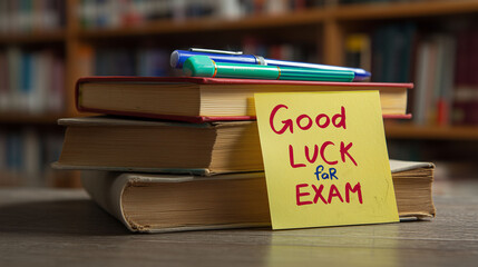 Good luck for exam with stack of book and pen with school library background
