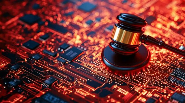 Judge&rsquo;s gavel on top of an electronic circuit board, representing governance risk, compliance, and the intersection of law and digital security