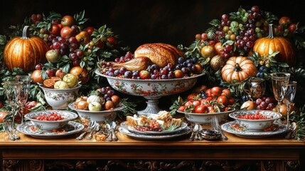 Naklejka premium Festive autumnal meal arrangement on a wooden table.