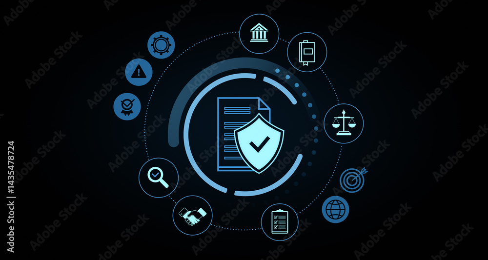 Poster secure document protection with compliance and legal icons in circular interface design on dark back