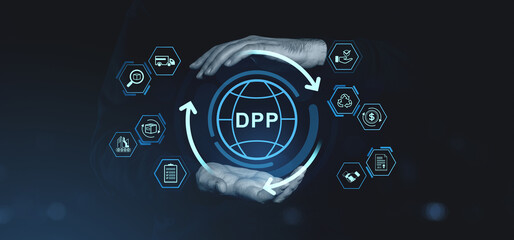 Digital product passport concept with technology icons and globe interface in hands.