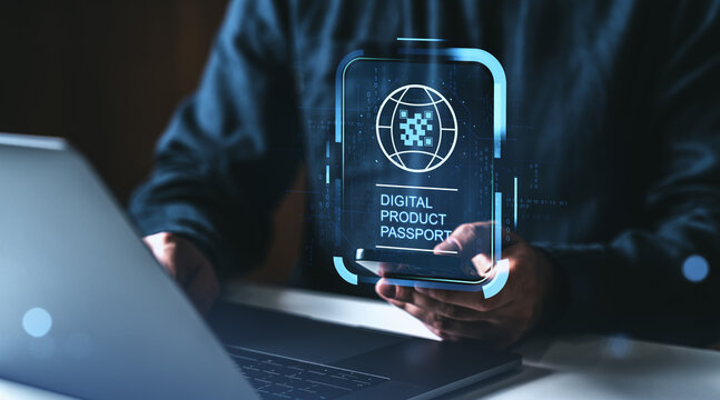 Digital product passport concept with hologram interface on smartphone screen. - Powered by Adobe