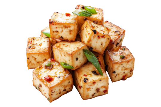 Close-up of spicy marinated tofu cubes with herbs and spices, isolated on white transparent background, concept of vegan cuisine