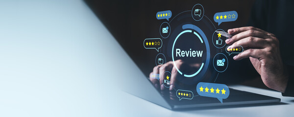 Online customer review concept with digital star ratings and user engagement icons.