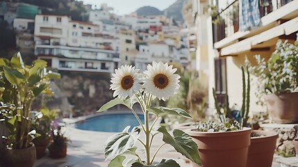 Charming white sunflowers blooming amidst a picturesque european hillside town