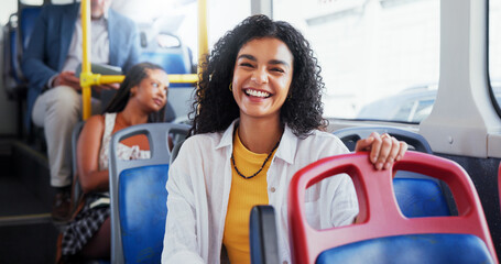 Portrait, woman and happy with travel on bus for morning commute, urban ride and journey to...