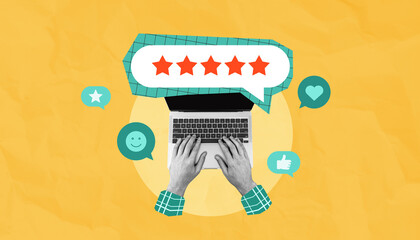 Customer feedback concept with laptop, five-star review icons, and user hands typing on keyboard on...
