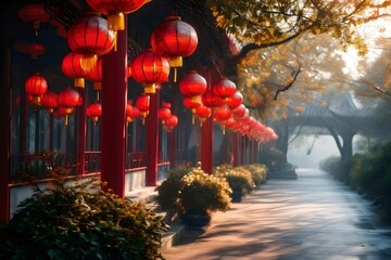 赤いランタンが並ぶ中国寺院の風景 霧と日差しの中で輝く庭園の装飾的なパス