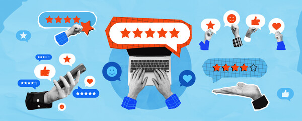 Hands using devices to leave star ratings, thumbs up, and feedback icons on digital platform...