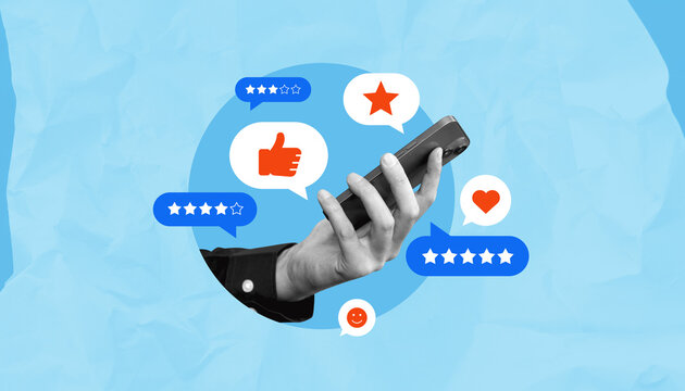 Hand holding phone with customer review icons and rating stars on blue background.