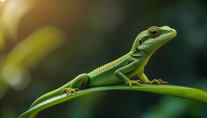 Fototapeta premium Emerald Lizard on Leaf: A Serene Nature Photograph
