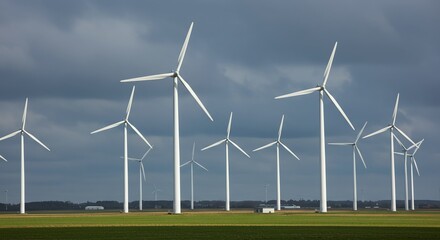 Wind Turbines Rotating in Field Under Cloudy Sky