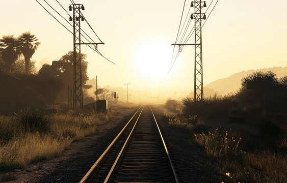 Sunlit railway tracks extending to a hazy horizon, flanked by vegetation and power lines