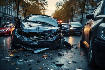 Obraz premium Severely damaged car after a collision on a city street, debris scattered around.