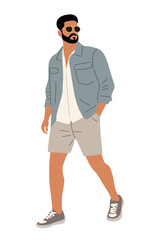 Stylish young man in casual summer outfit walking. Vector flat illustration of trendy male character in sunglasses, denim jacket, shorts, and sneakers. Isolated on transparent background