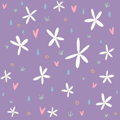 Cute kids’ illustration with white flowers, pink hearts, raindrops, and grass elements on a lilac background. Cheerful and light flat cartoon-style pattern, perfect for children’s design, fabric