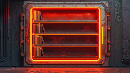 Obraz premium Sci fi style bookshelf with orange neon glow, metal textures, and minimal futuristic interior design