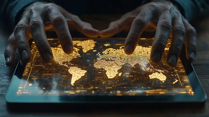 Hands interact with glowing world map on tablet