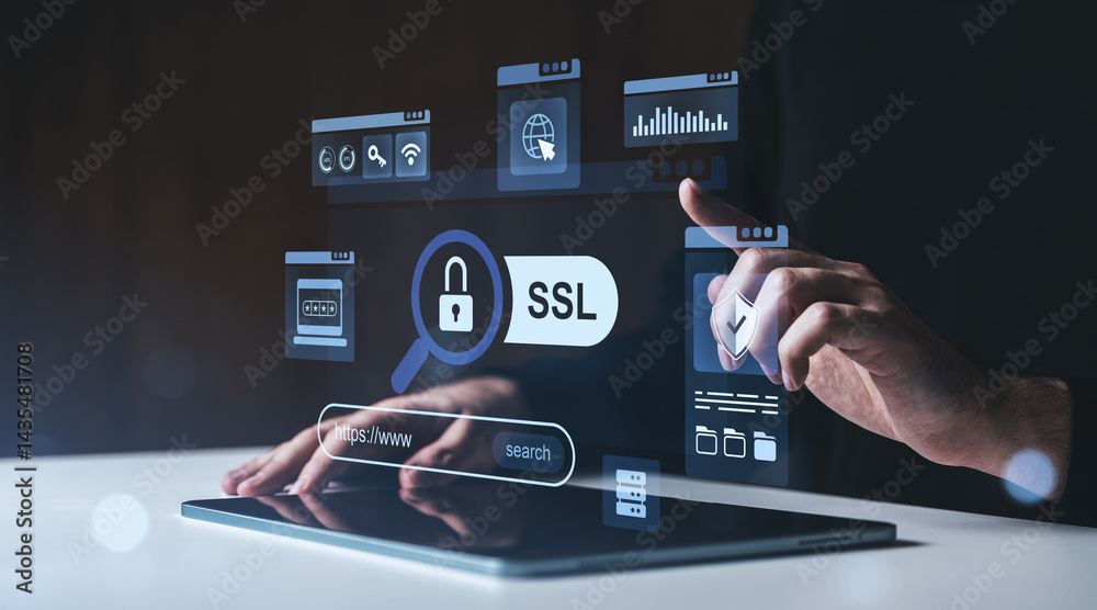 Poster ssl certificate security concept with futuristic interface and tablet interaction.