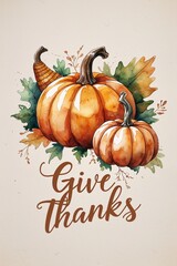 Watercolor pumpkins and cornucopia with "Give Thanks" text, warm autumnal hues, Thanksgiving sentiment
