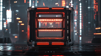 Futuristic glowing sci fi data server or power core in high tech digital environment with red neon light.