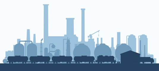 Industrial Complex with Tank Cars and Machinery Silhouettes