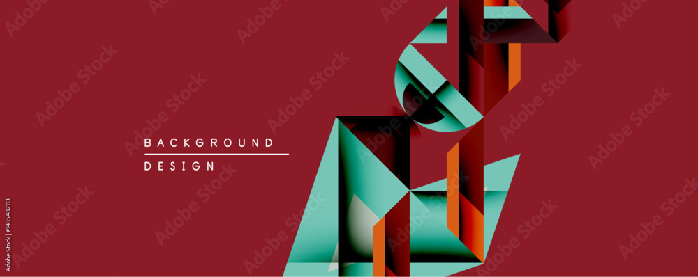 Poster abstract geometric design features layered shapes, gradients. red background provides contrast. mode