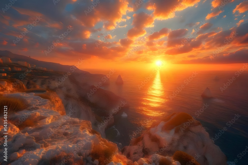 Aufkleber 海岸線の日没風景 海洋と太陽の光が織りなす絶景 鮮やかなオレンジ色の夕焼けと輝く水面が織りなす美しい自然