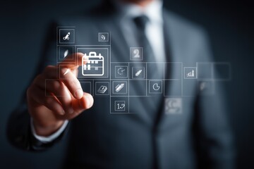 Businessman in Suit Interacting with Digital Calendar Interface on Dark Background