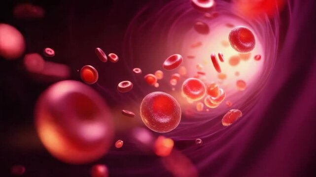 Digital illustration of red blood cells moving in a blood vessel, showing oxygen and hemoglobin transport, essential for human energy and life