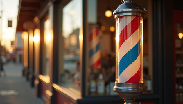 Barber pole stands proudly outside a bustling barbershop at sunset capturing the essence of community and tradition