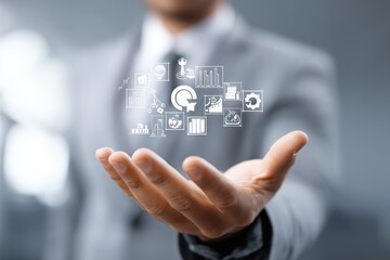 Businessman Presenting Data Analysis Charts in Hand, Grey Suit Closeup Studio Shot