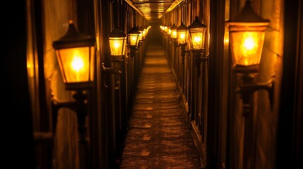 Fototapeta premium A long corridor, lit by vintage gas lamps. Dim, warm light casts a mysterious atmosphere