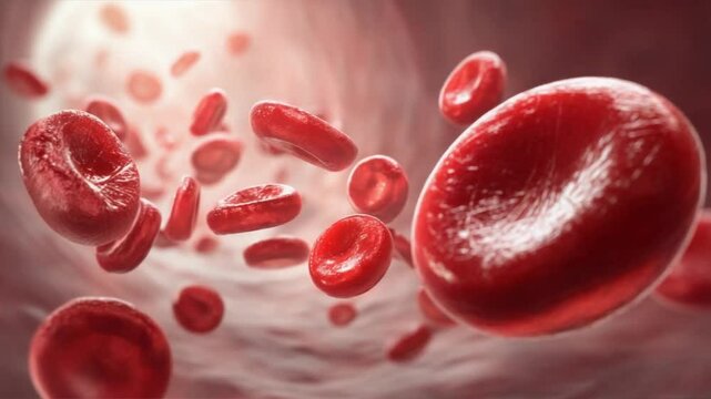 Detailed 3d image of red blood cells flowing in a human vessel, carrying oxygen with hemoglobin, powering the body with vital energy and nutrients