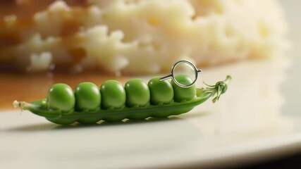 Quirky Pea Wearing Monocle in Pod on Dinner Plate Close Up