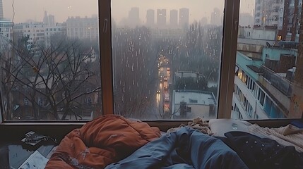 Gloomy cityscape view from a cozy and slightly messy room on a rainy day